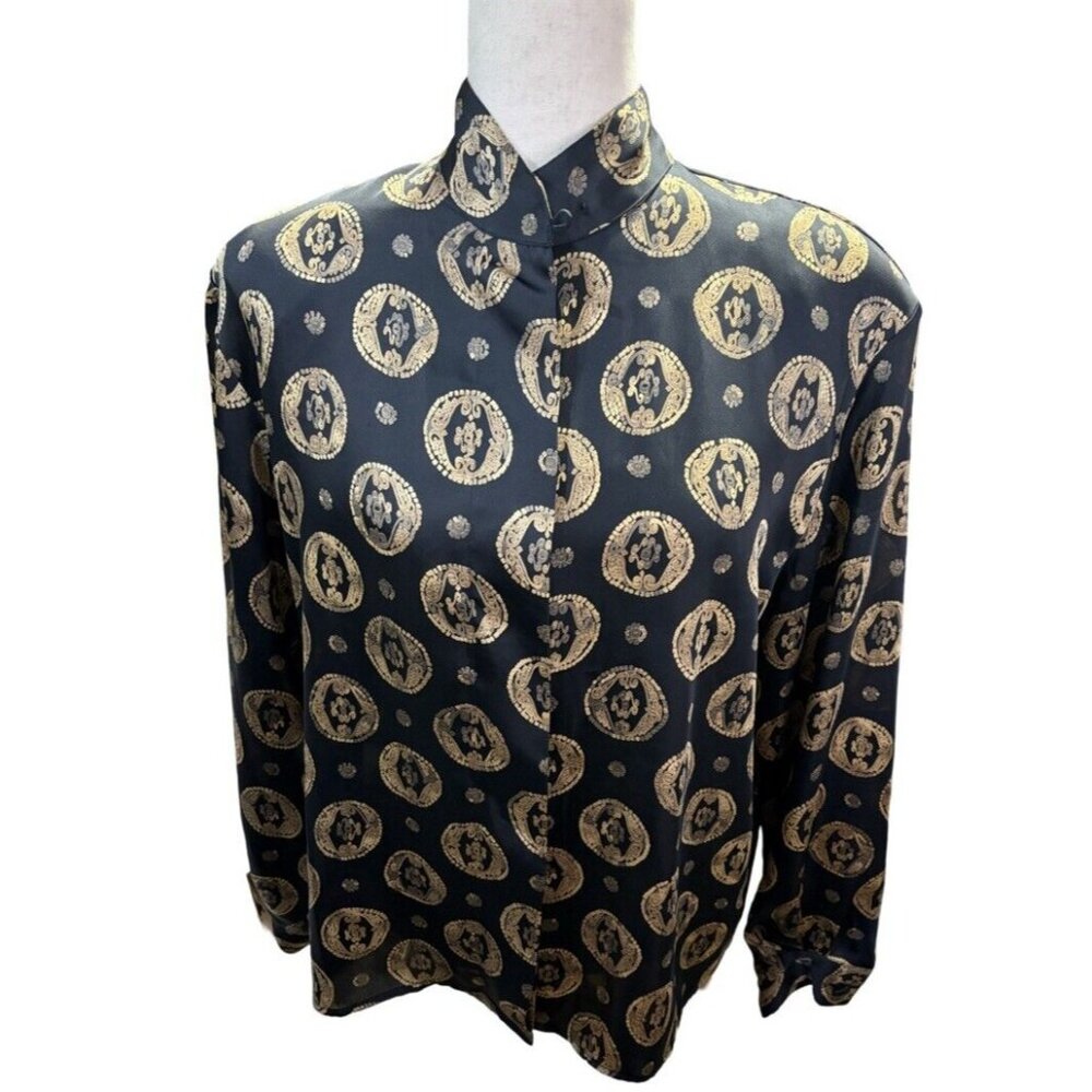 80’s Vintage Tess Black Gold  Blouse  14 Shoulder Pad Mandarin  FLAW Secretary